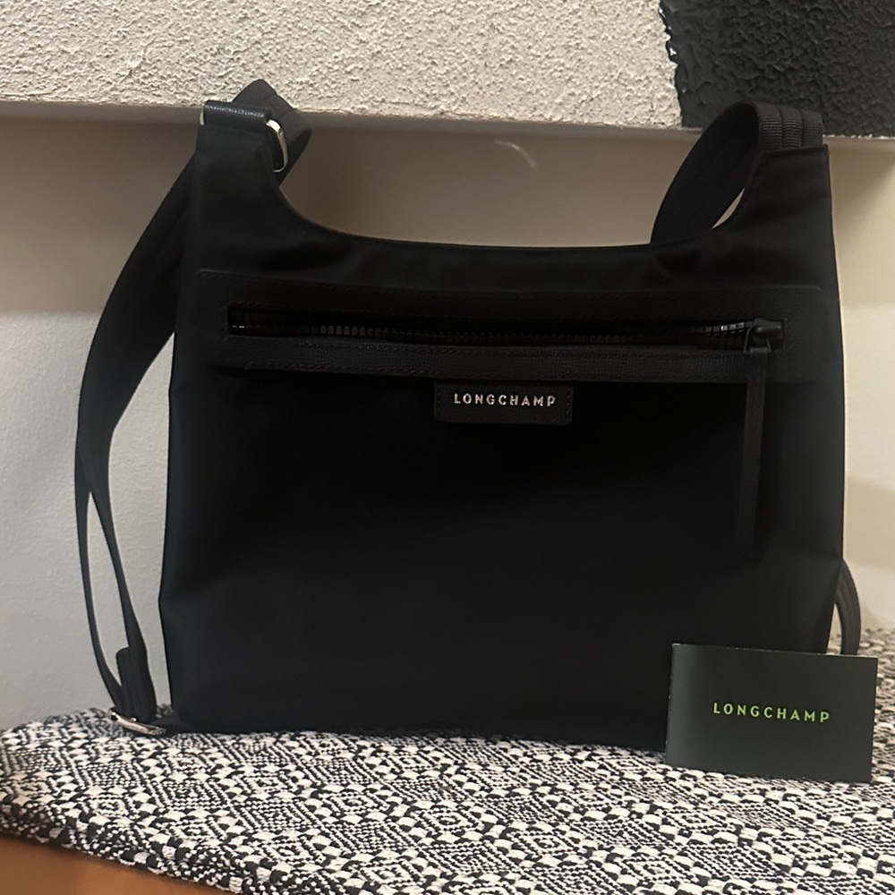 Longchamp Black Nylon Shoulder Bag with Front Zip